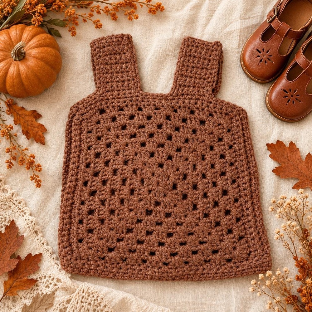 Vintage 1970s Crochet Toddler Vest Brown Granny Square Handmade Kids Boho
